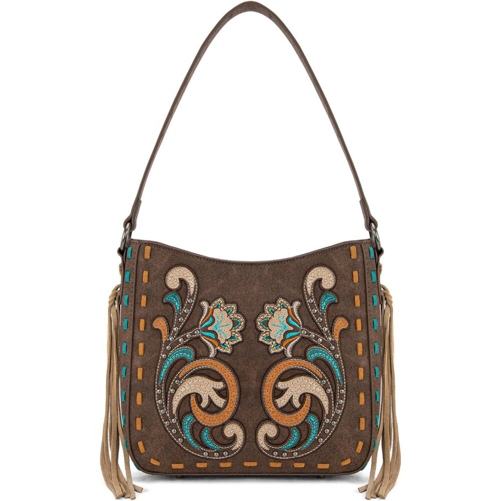 Western Embroidered Floral Leather Shoulder Bag for Women Coffee